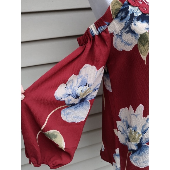 {LAST 1! S} Red Floral Blouse Choker Cold Shoulder - Picture 3 of 8
